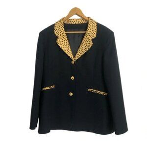 Ens Pois Black Blazer Polka  Dot Trim Buttons 46/M Lined Faux Pockets